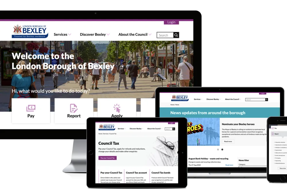 Desktop, Macbook, tablet and iPhone showing pages from Bexley Council’s Website