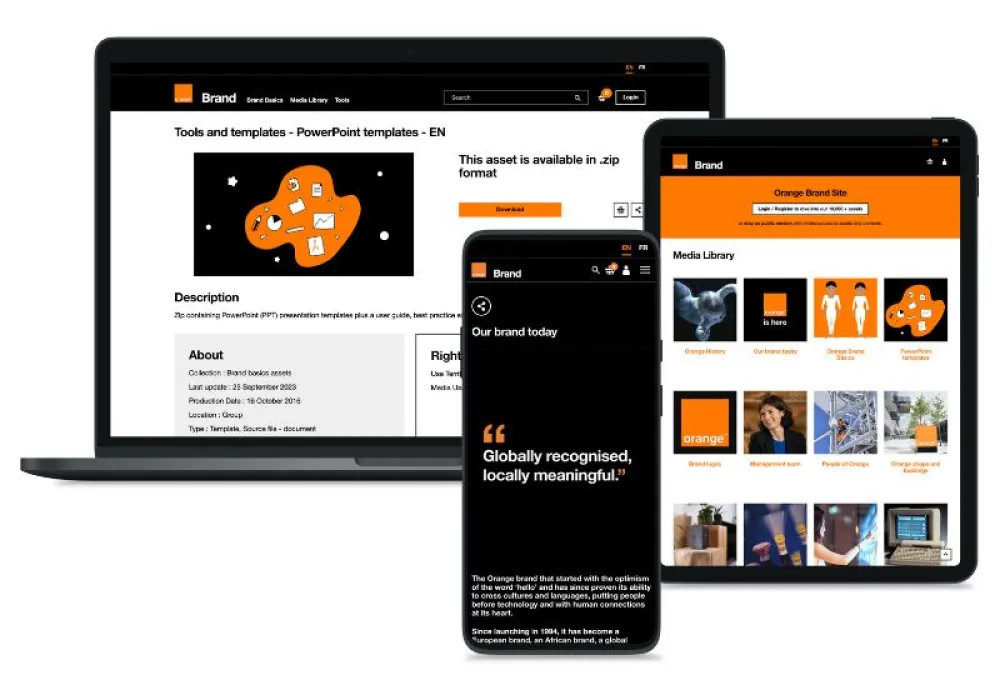 Brand Orange’s new website is shown on a laptop, phone and tablet
