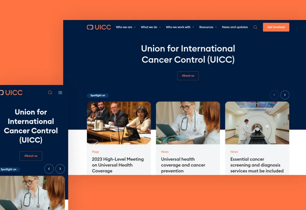 Desktop and mobile versions of the UICC website homepage
