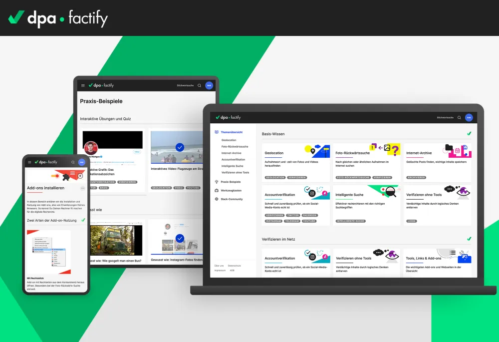 dpa-factify digital learning platform on devices smartphone, tablet and laptop