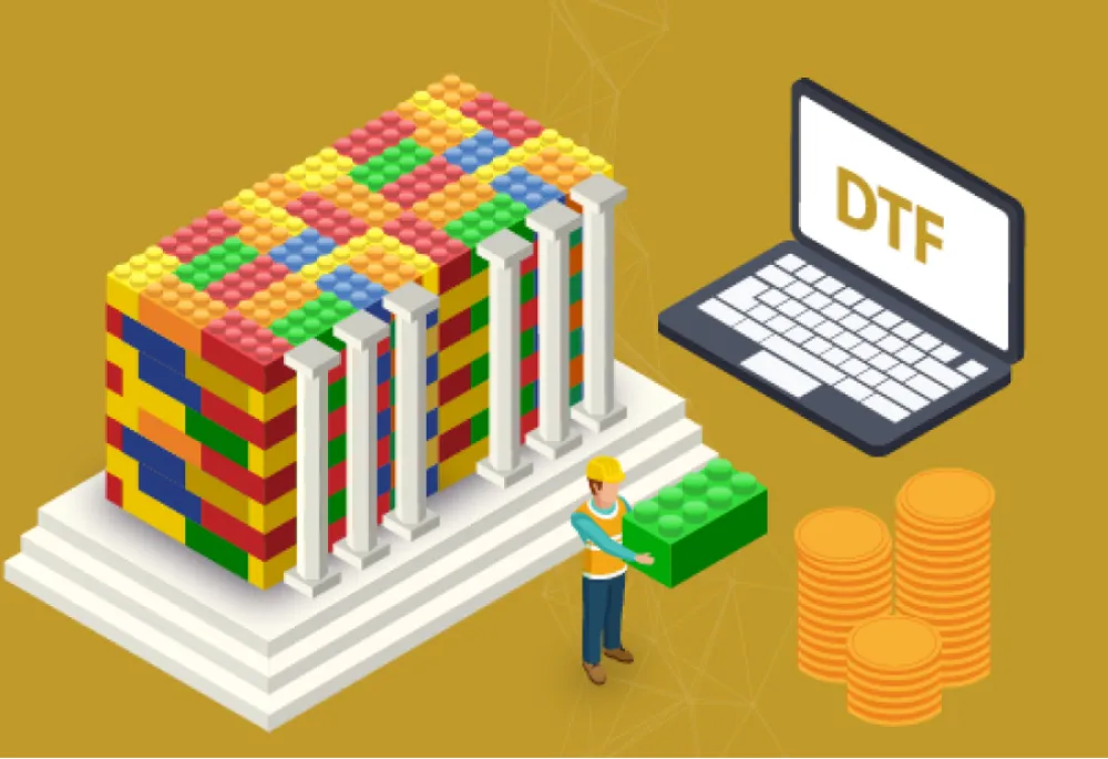 A stack of colourful Legos and a laptop with DTF logo on it on a yellow background. In the foreground, a graphical man holding a green lego piece and 3 stacks of coins.