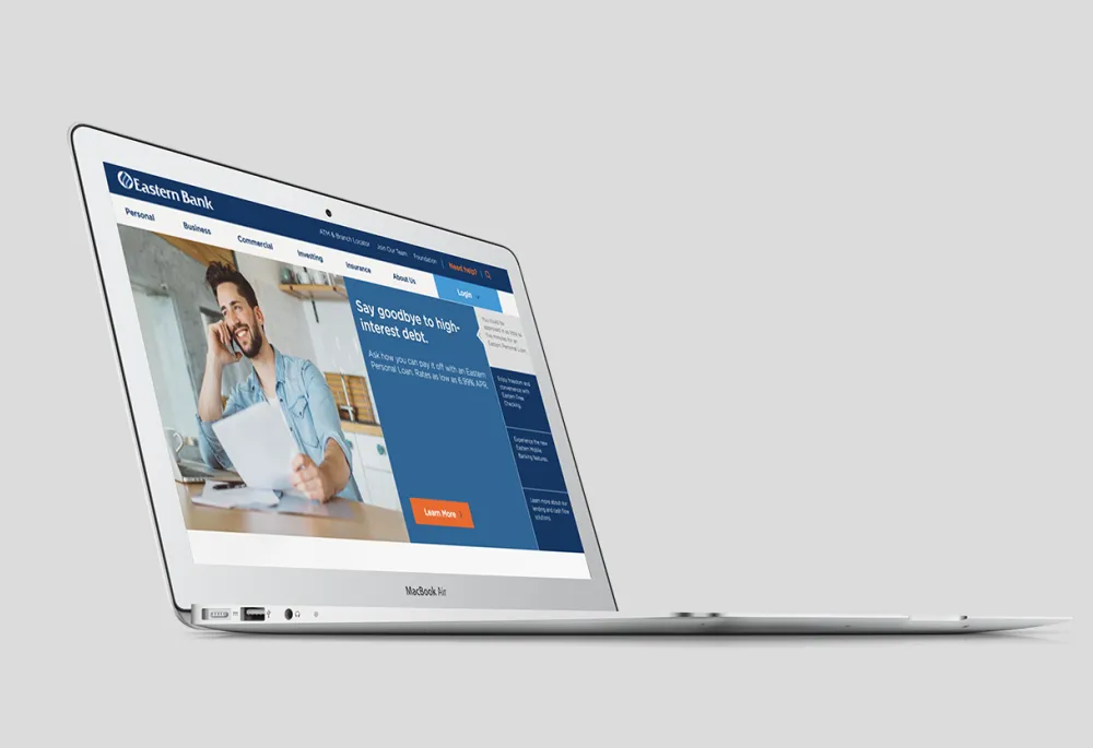 image of Eastern Bank homepage displayed on a laptop screen 