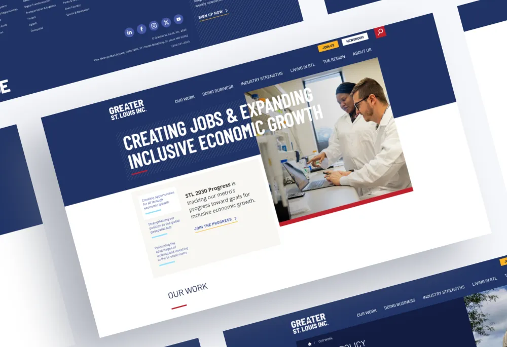 A mockup for the Greater St. Louis Home page surrounded by other pages on the website