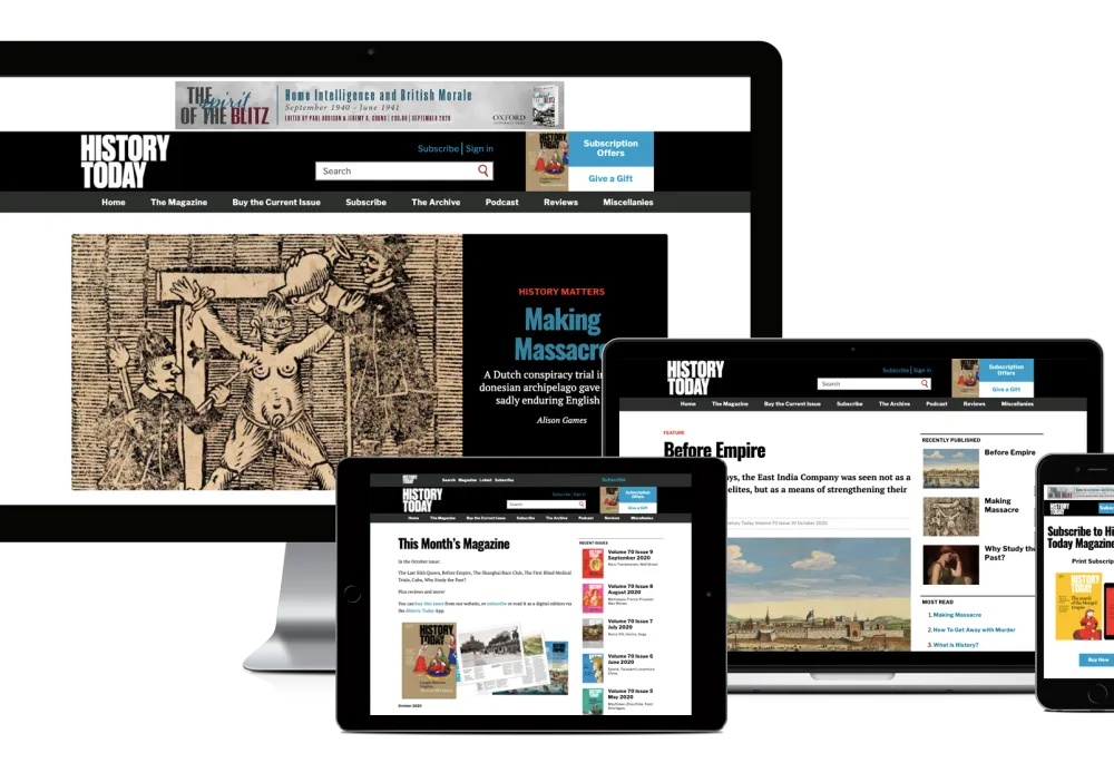 Desktop, Macbook, tablet and iPhone showing pages from History Today’s Website