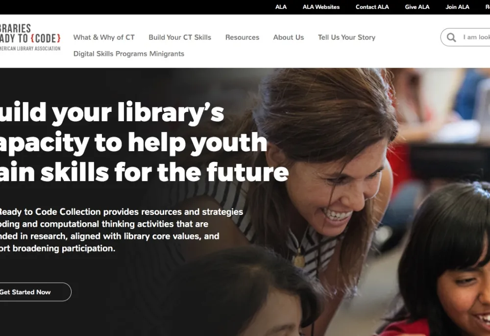 Home page of the Libraries Ready to Code website depicting an adult engaging with a child on a computer