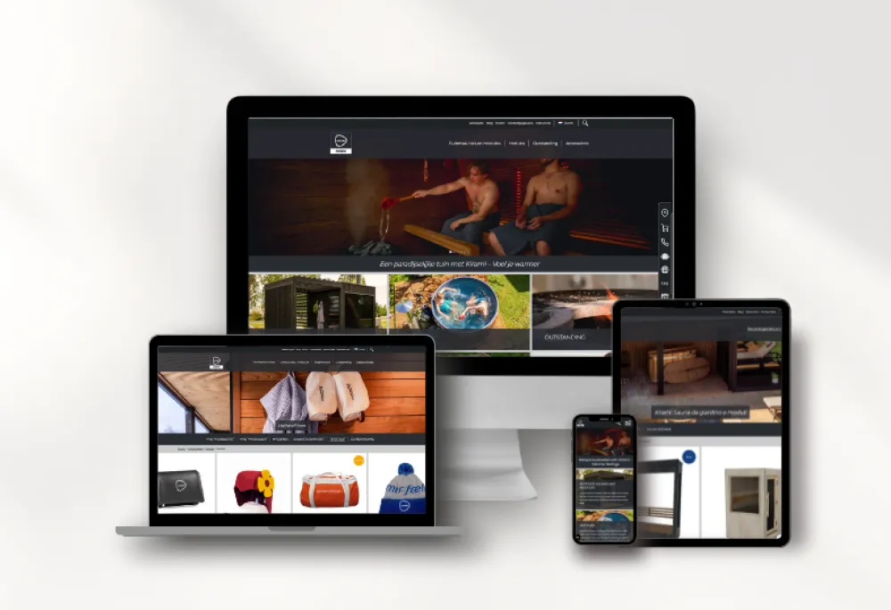 Kirami’s website displayed on multiple devices including a desktop, laptop, tablet, and smartphone, showcasing a responsive design across various screen sizes.