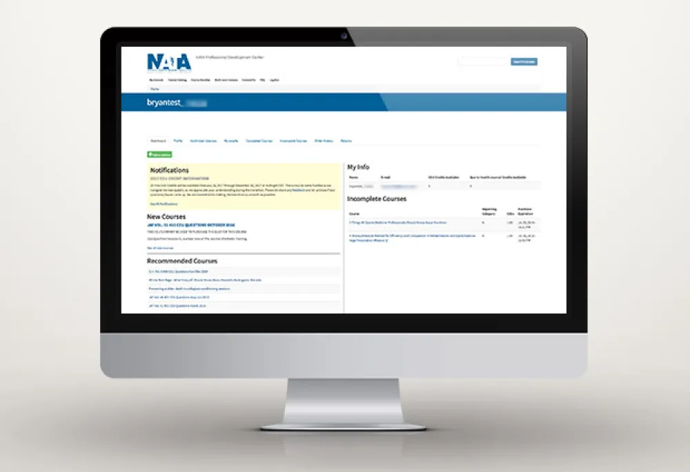 The LMS dashboard from NATA's professional development center website