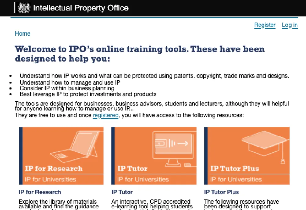 Intellectual Property Office website homepage featuring online training tools