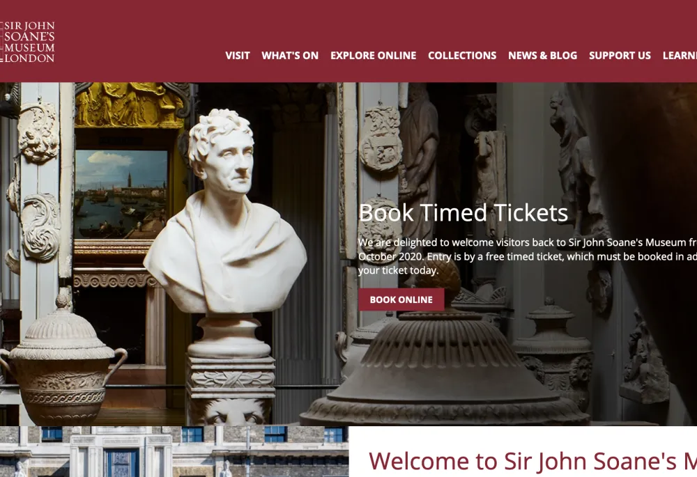 The Sir John Soane homepage, featuring a number of menu options and a large image of his marble bust