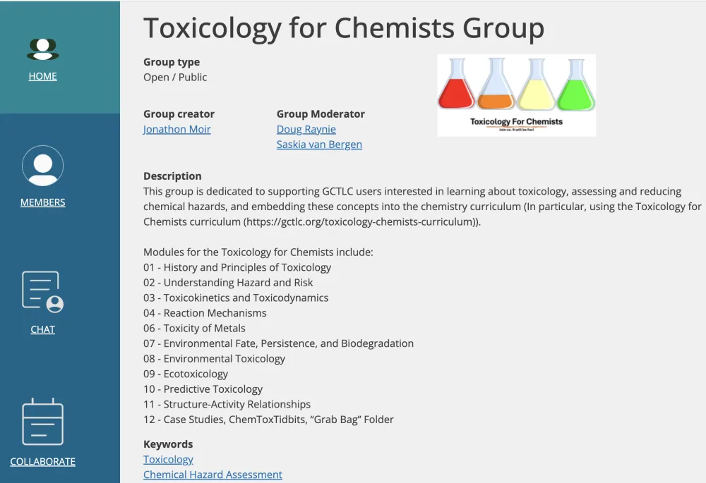 A screenshot of the Toxicology for Chemists Group on the GCTLC website shows the group homepage which includes the type of group, who created the group, and the names of the group moderators.