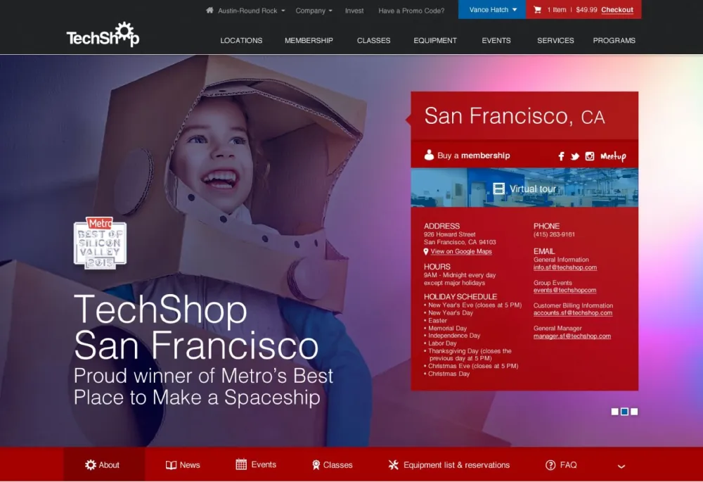 Desktop design of the TechShop Drupal website