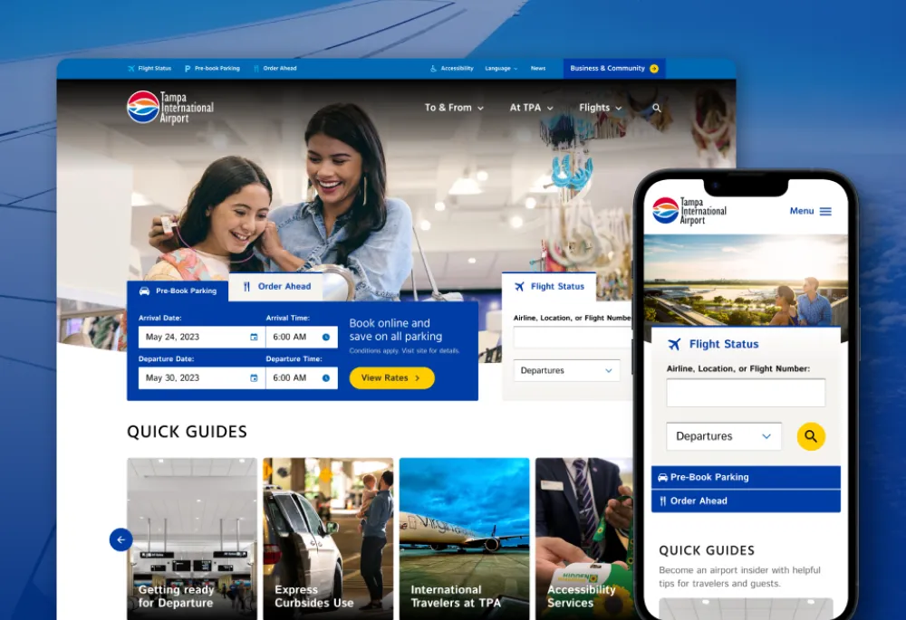 Tampaairport.com homepage on desktop and mobile