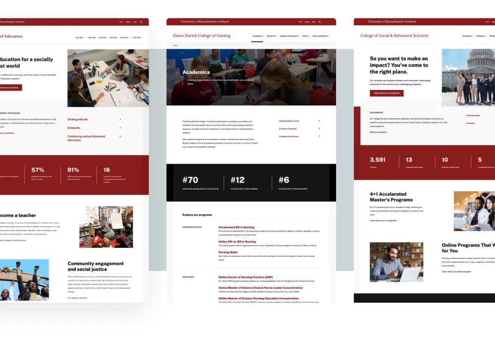 Example UMass websites form the College of Education, College of Nursing, and College of Social & Behaviorial Sciences