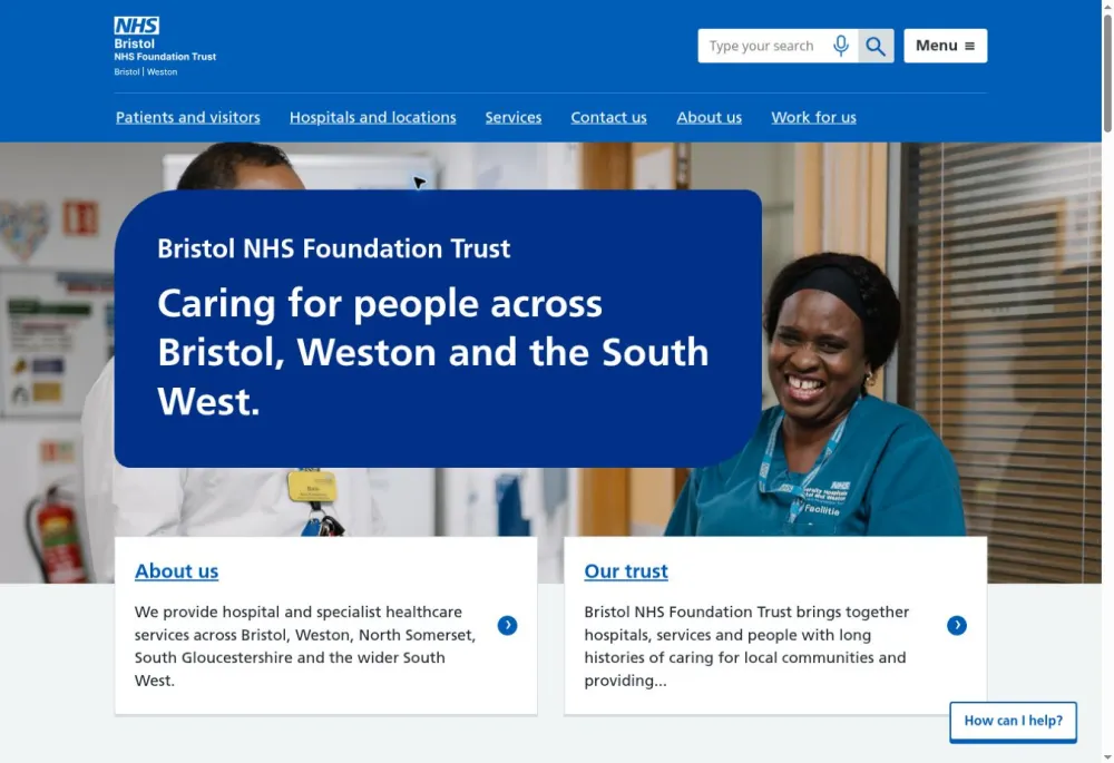 Bristol NHS Foundation Trust homepage with staff photography, prominent search and navigation for patients, visitors and hospital locations