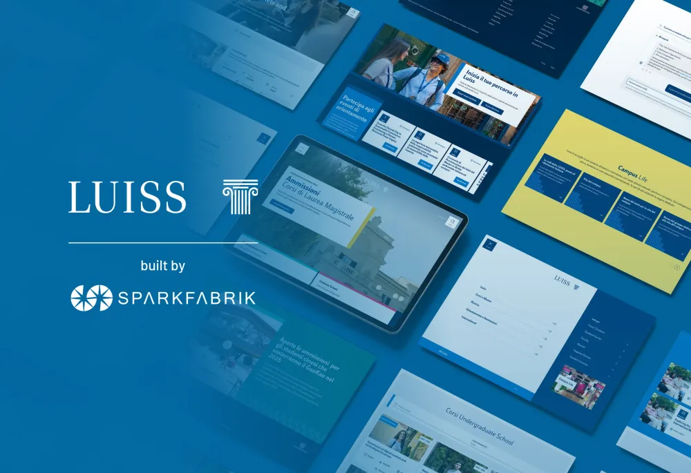Luiss Guido Carli, built by SparkFabrik, over a mosaic of pages from the new platform