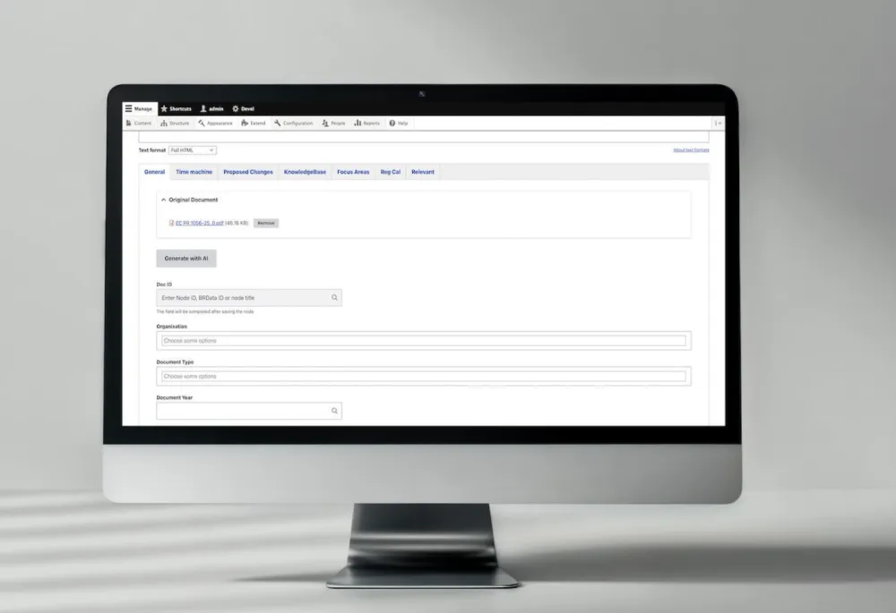 Drupal editorial interface on BetterRegulation.com with an uploaded legal PDF and the Generate with AI button for automatic document categorization into metadata fields.