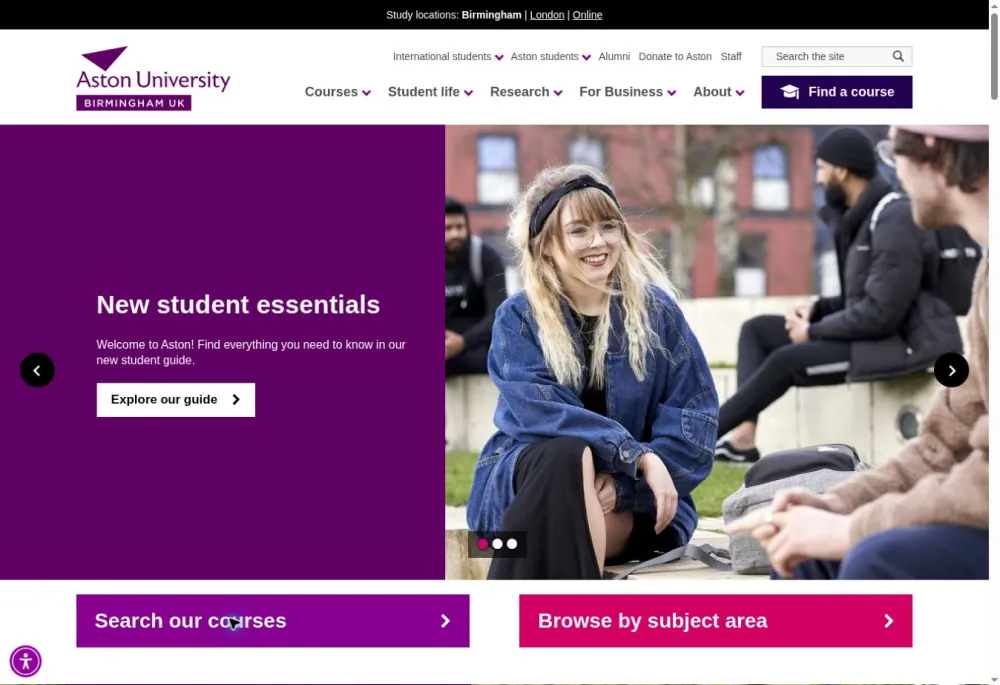 Aston University homepage with a student photograph, New student essentials feature and links to search courses or browse by subject