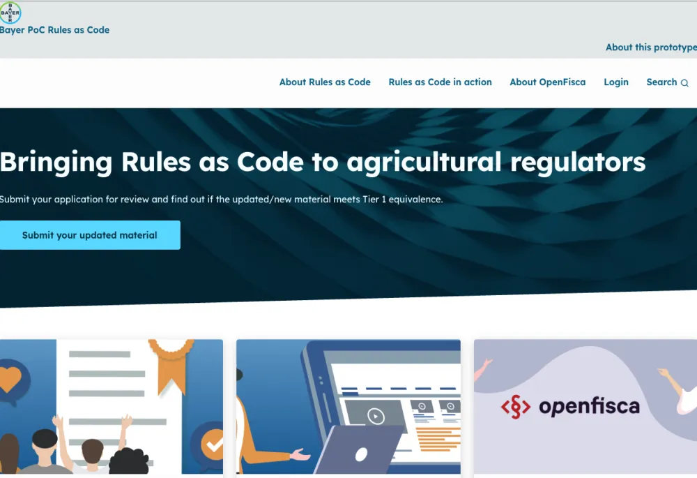 Screenshot of the Bayer Rules as Code prototype homepage. The banner reads "Bringing Rules as Code to agricultural regulators" and has a button to submit updated material for a Tier 1 equivalence check.