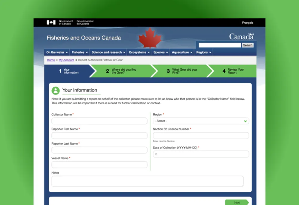 Initial page of the reporting interface.