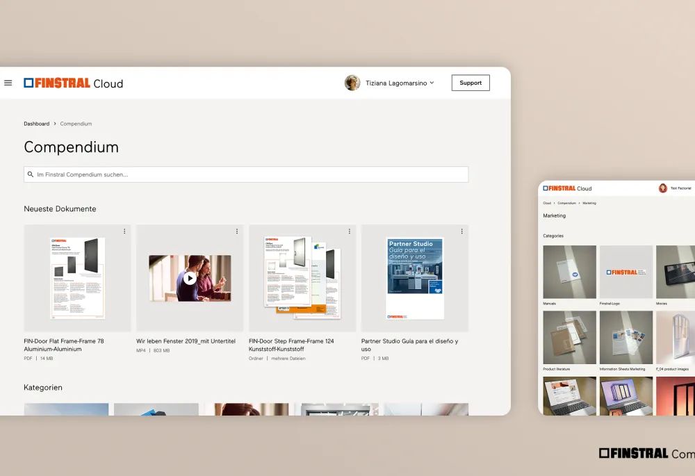 Visuals showing the web application Finstral Compendium
