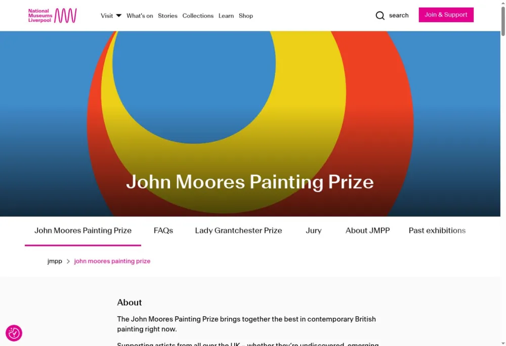 John Moores Painting Prize landing page with a blue, red and yellow banner and links to prize information