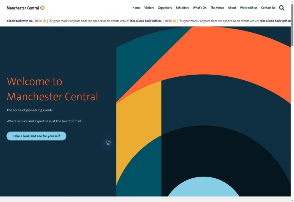 Manchester Central homepage with orange welcome text, audience navigation and colourful animated graphics against a dark blue background