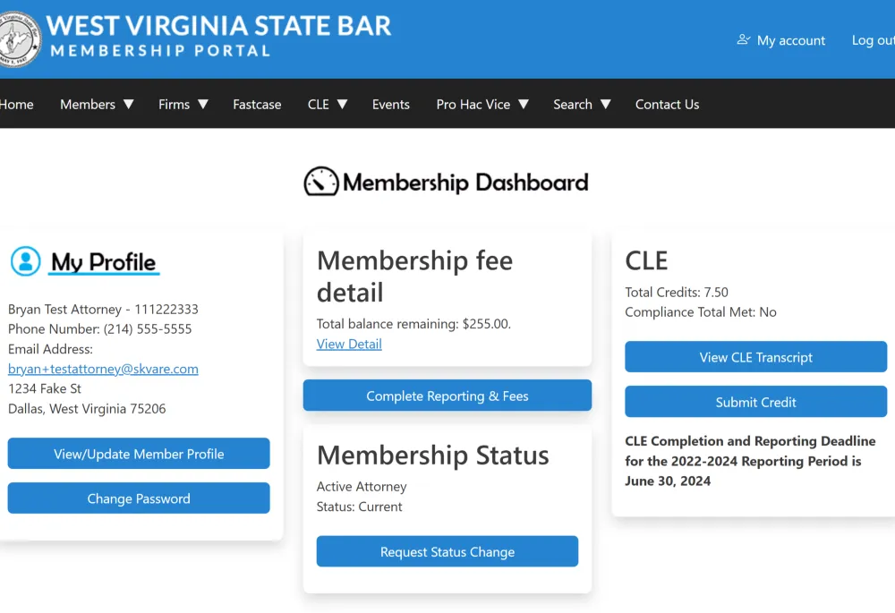 Website Dashboard showing contact info, balance, membership details, and CLE Credits