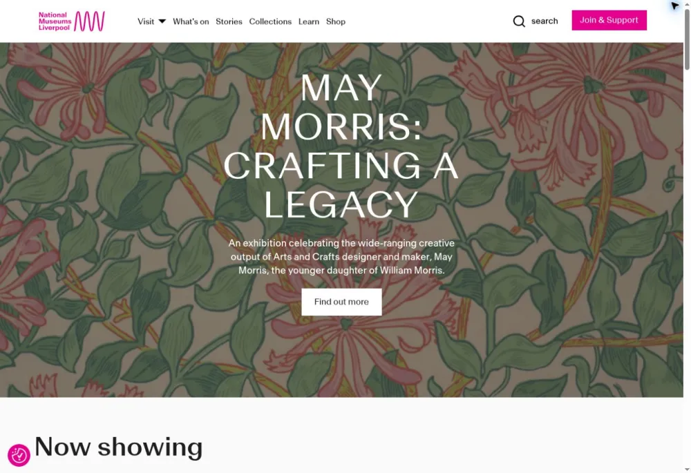 National Museums Liverpool homepage featuring the May Morris exhibition, with links to visits, events, stories and collections
