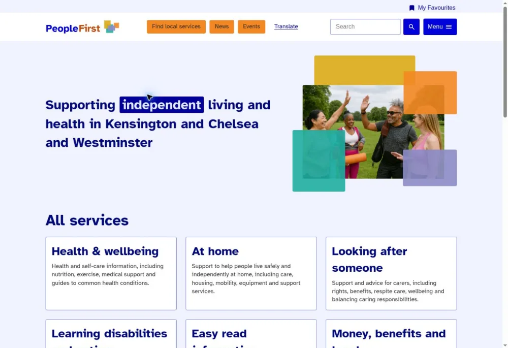 People First homepage, with links to care, health and independent living information for Kensington and Chelsea and Westminster