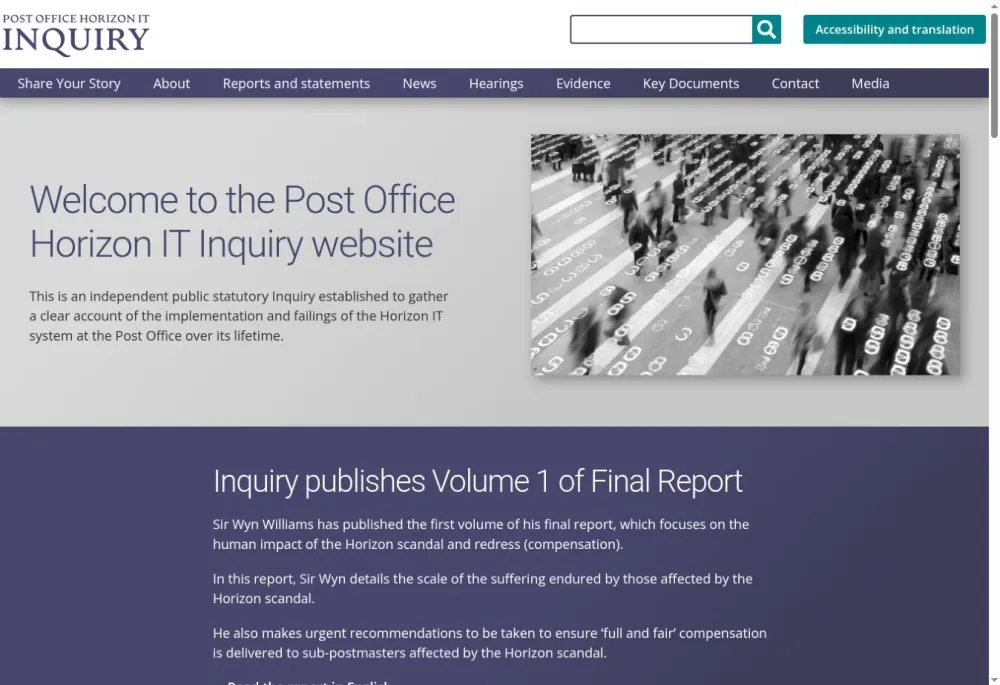 Post Office Horizon IT Inquiry homepage with navigation to reports, hearings and evidence, and a panel introducing Volume 1 of the final report