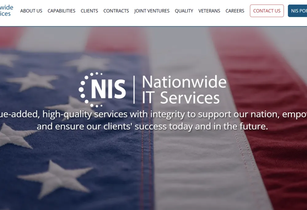 Homepage of Nationwide IT Services (NIS) website featuring a clean, professional layout with navigation menus for services, contracts, and capabilities. The main hero section highlights federal IT services, digital modernization, and mission support solutions, along with calls to action for learning more about the company, exploring past performance, and viewing contracting opportunities.