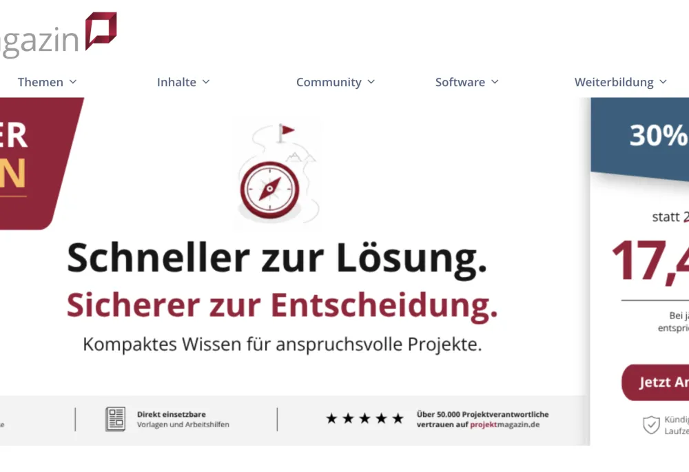 ProjektMagazin.de homepage showing the Drupal-based knowledge platform for project management articles, methods, and templates in German.
