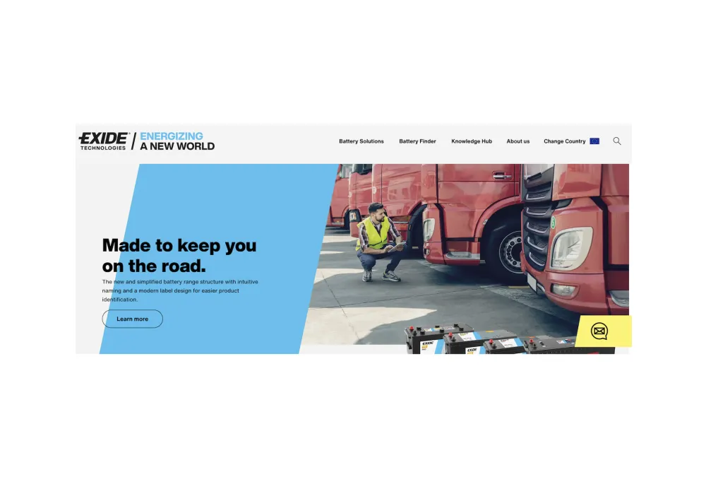 Exide Technologies homepage hero section with truck fleet imagery, simplified battery range messaging, and EMEA country navigation on exidegroup.com.