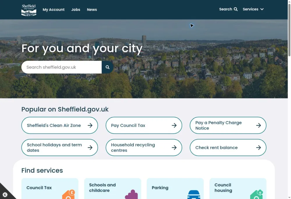 Sheffield City Council homepage showing a city panorama, a search box, popular tasks and service categories