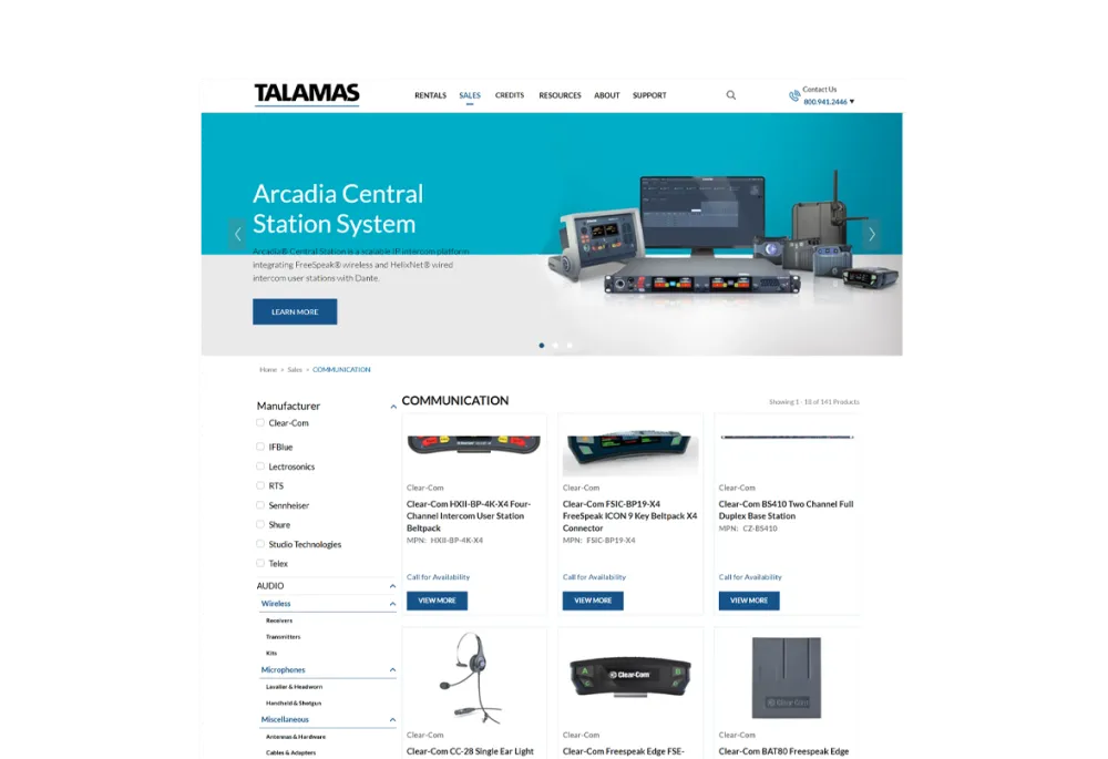 Talamas Sales page for Communication products, featuring the Arcadia Central Station System banner and a filterable product grid