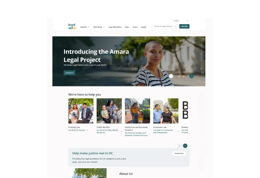 Image of the Legal Aid DC homepage, featuring a hero banner introducing the Amara Legal Project, a carousel of practice areas such as housing, public benefits and family law, a donation banner, and an About Us section.