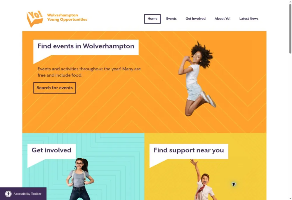 Yo! Wolves homepage with colourful panels inviting visitors to find events, get involved and find support near them