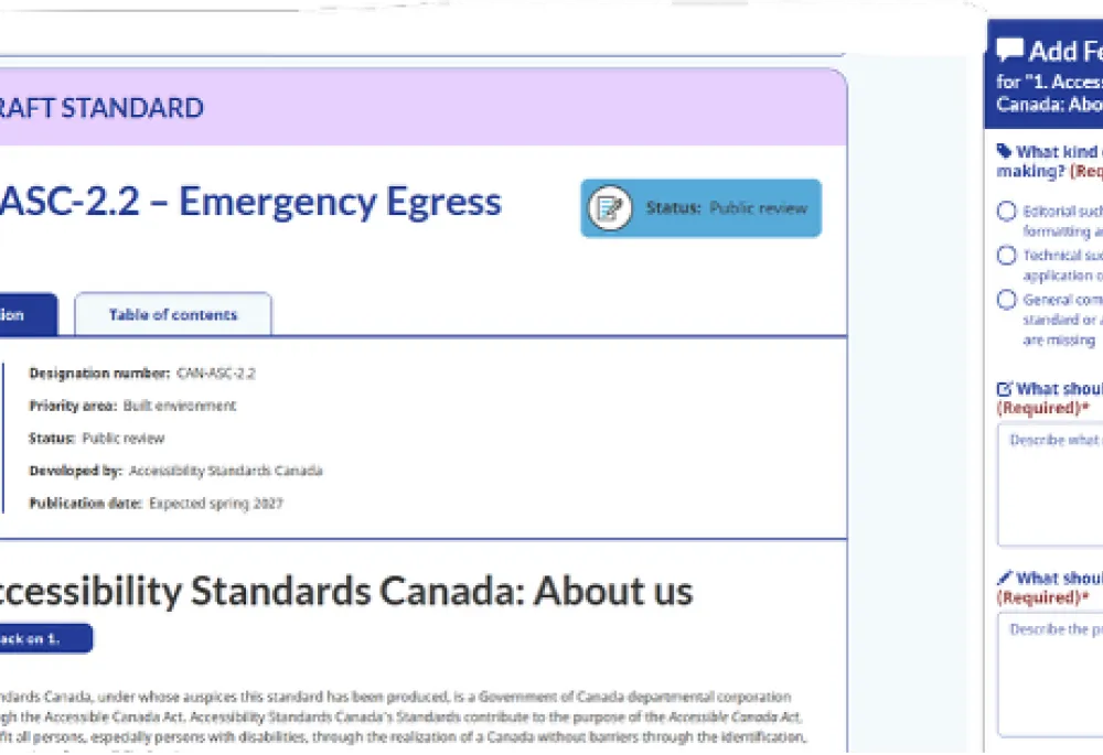 Accessibility Standards Canada's Feedback interface allowing for Inline Feedback on Content