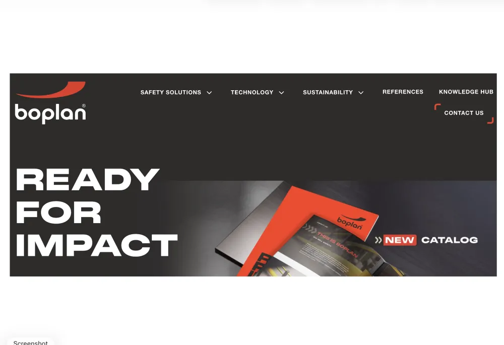 Boplan homepage hero section with the Ready for Impact headline, Safety Solutions navigation, and New Catalog promotion on the Belgian manufacturer's Drupal website.