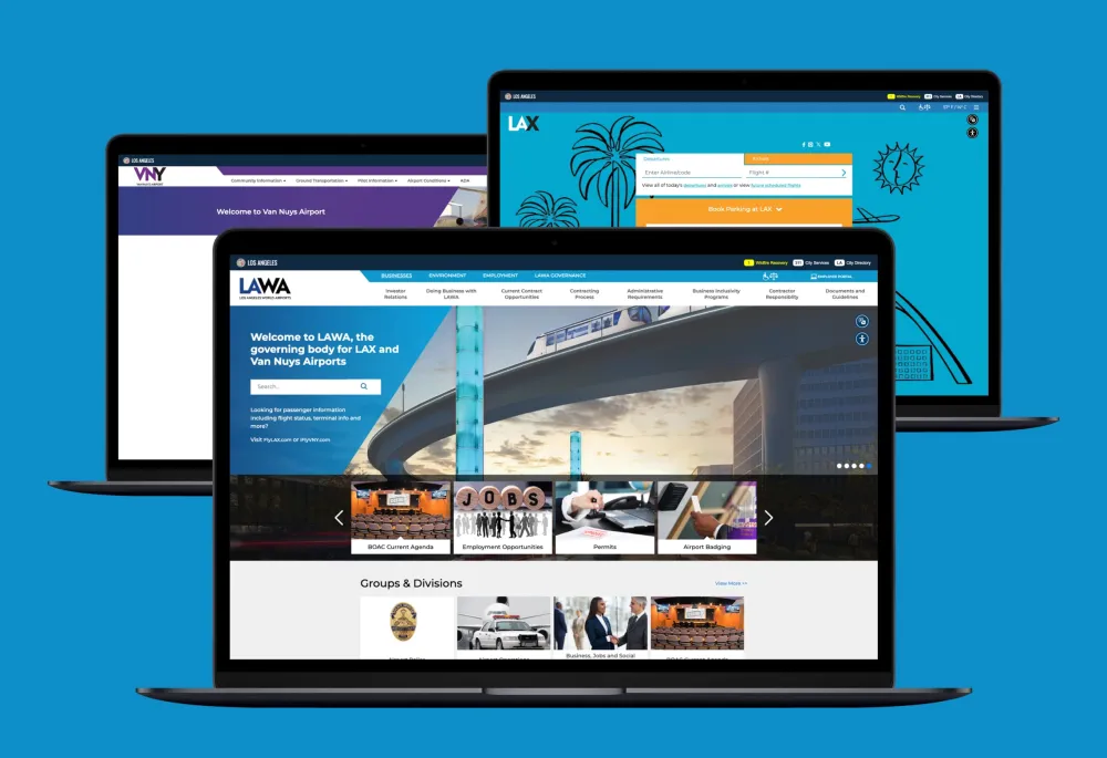 Three laptop mockups showcasing the LAWA, LAX, and VNY websites.