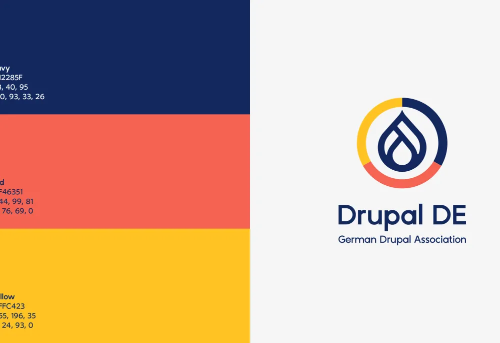 Drupal DE logo with a color palette in blue, orange, and yellow, including CMYK values