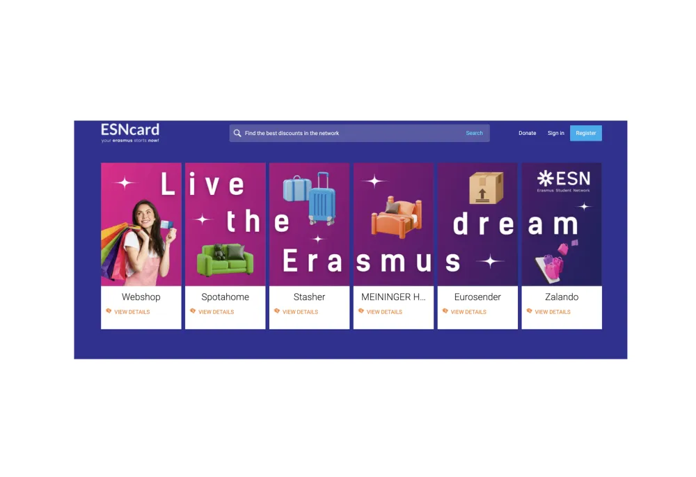 ESNcard.org homepage with the Live the Erasmus dream hero banner, discount search bar, and partner offers from Webshop, Spotahome, Stasher, MEININGER Hotels, Eurosender, and Zalando on the Drupal student portal.