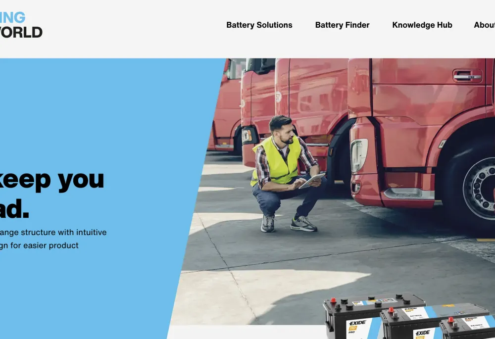 Exide Technologies homepage hero section with truck fleet imagery, simplified battery range messaging, and EMEA country navigation on exidegroup.com.