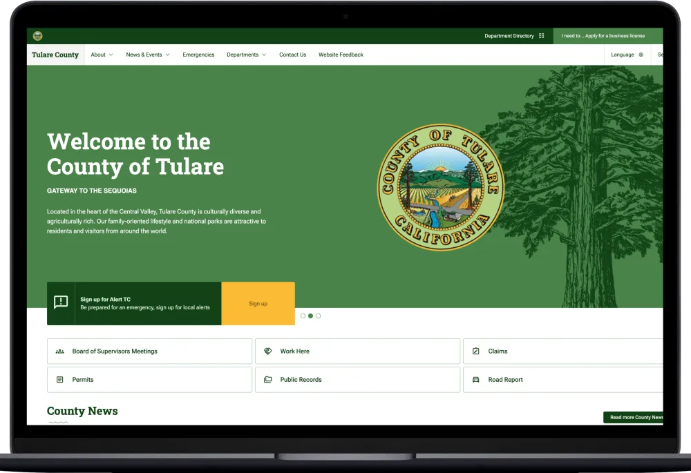 Tulare County homepage on a laptop screen.
