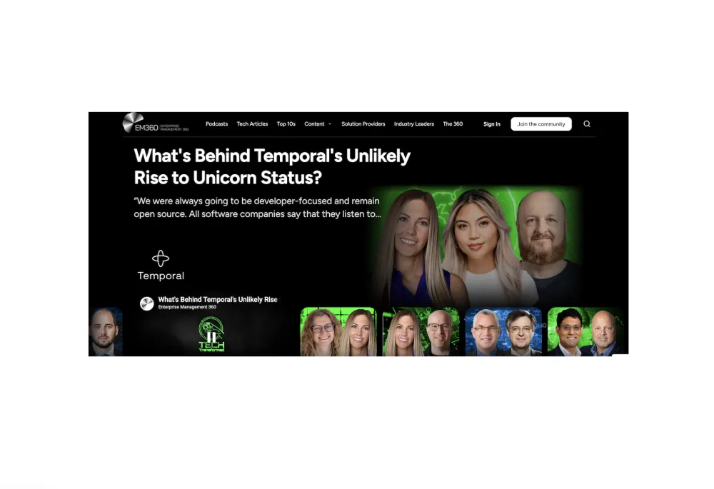 EM360Tech homepage with featured tech article, podcast carousel, and navigation for articles, industry leaders, and solution providers on the Drupal content platform.
