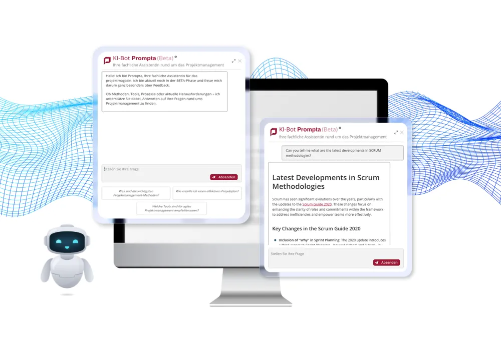 AI chatbot on ProjektMagazin.de showing a project management conversation with sourced answers about Scrum methodologies.