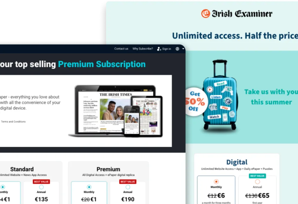 Homepages of The Irish Times Group's subscription management sites built on Drupal Commerce