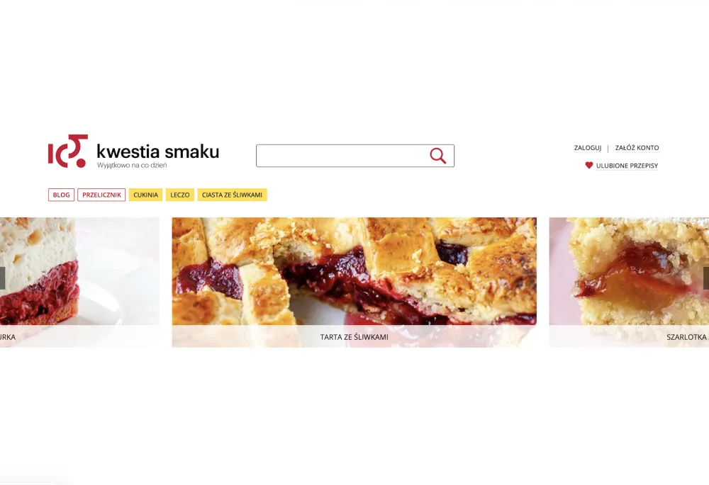 KwestiaSmaku.com homepage with logo, site search, category navigation tags, and a Slick carousel of featured recipes including plum tart and cloud cake on the high-traffic Drupal portal.