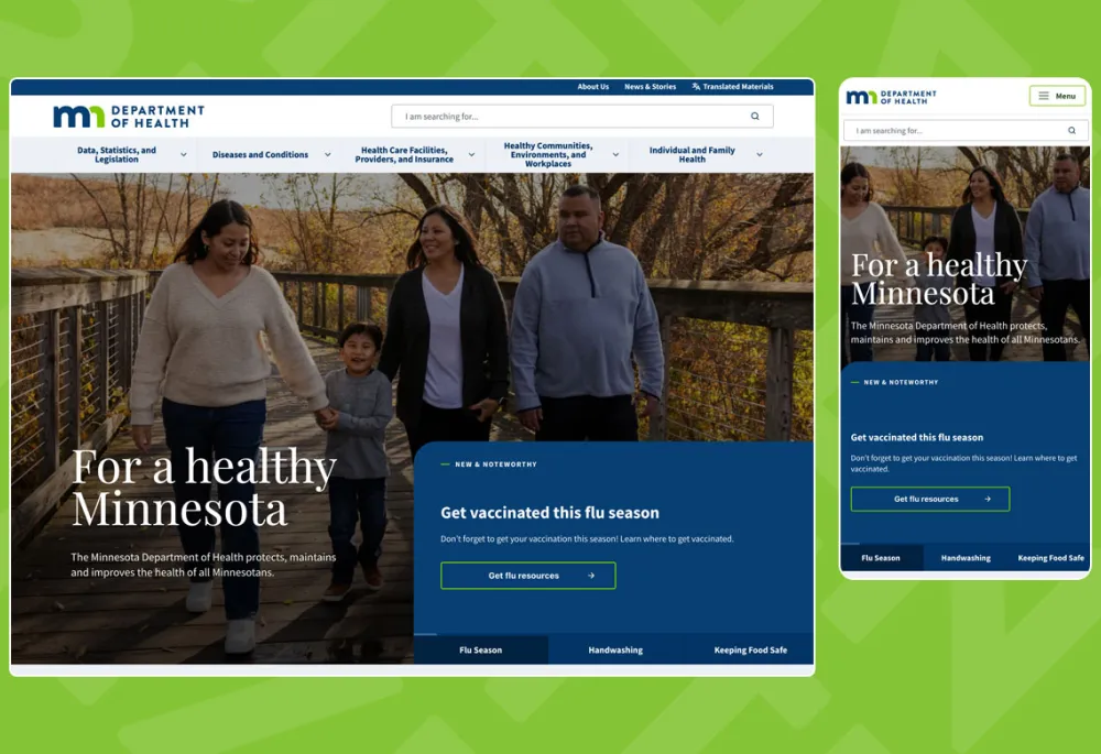 partial view of the MDH homepage on desktop and mobile