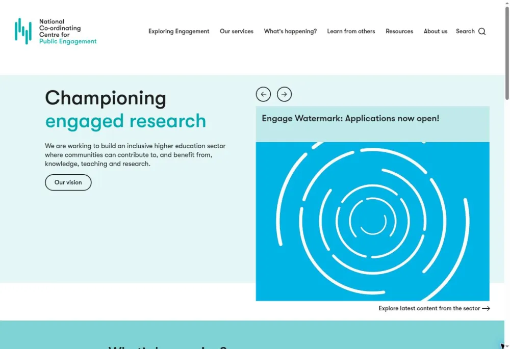 NCCPE homepage with navigation, the heading “Championing engaged research” and a featured Engage Watermark promotion